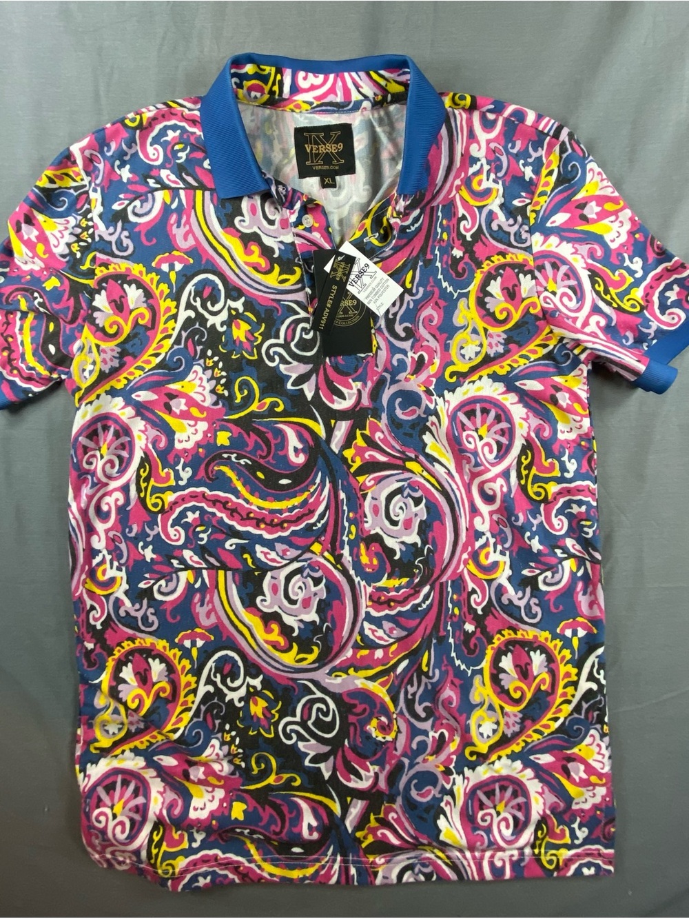 VERSE 9  Paisley Print Polo in Pink & Blue XL